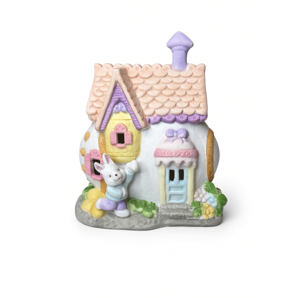 Easter Bunny Ceramic Egg House Tea Light Holder Pastel Spring Decor 4 Inch